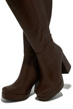 Load image into Gallery viewer, Hudson Platform Block Heel Knee High Boots – Brown