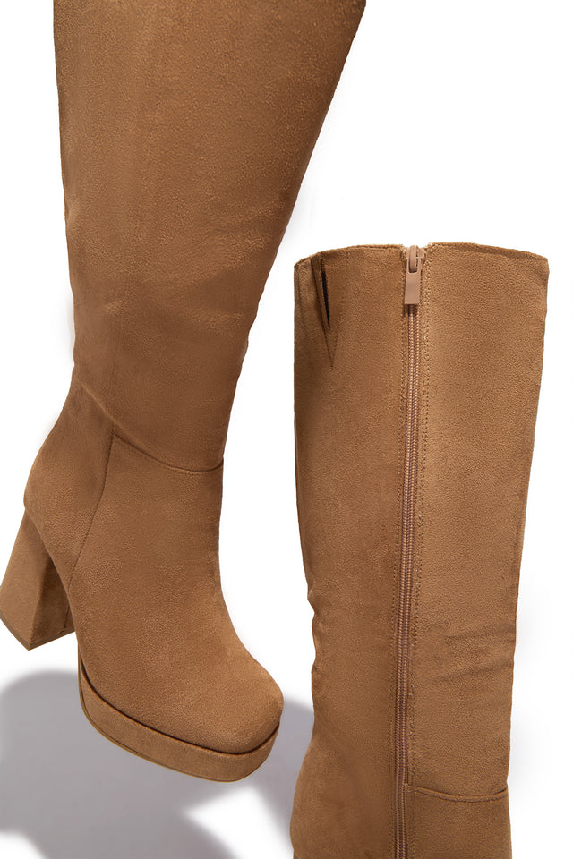 Load image into Gallery viewer, Hudson Platform Block Heel Boots - Camel Suede