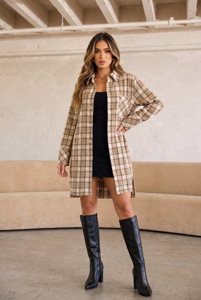 Load image into Gallery viewer, Careli Plaid Flannel Shirt Jacket – Nude