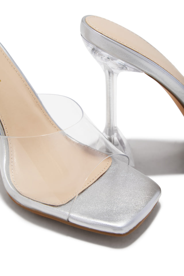 Load image into Gallery viewer, Demie Clear Strap Mule Heels - Silver