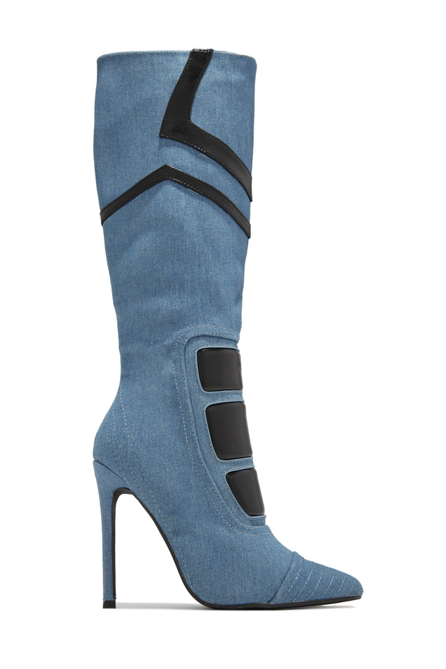 Load image into Gallery viewer, Midnight Sky Moto Style Knee High Heel Boots - Denim