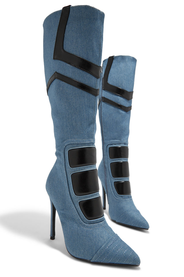 Load image into Gallery viewer, Midnight Sky Moto Style Knee High Heel Boots - Denim