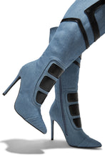 Load image into Gallery viewer, Midnight Sky Moto Style Knee High Heel Boots - Denim
