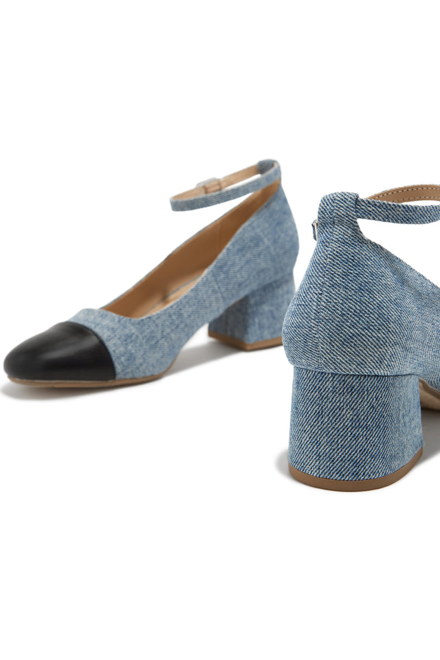 Load image into Gallery viewer, Harlan Ankle Strap Block Mid Heels - Denim