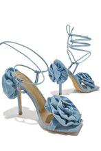 Load image into Gallery viewer, Divine Bloom Rosette Lace Up Heels - Denim