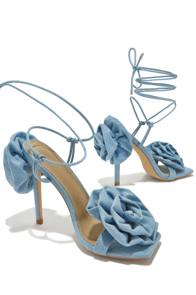 Load image into Gallery viewer, Divine Bloom Rosette Lace Up Heels - Denim