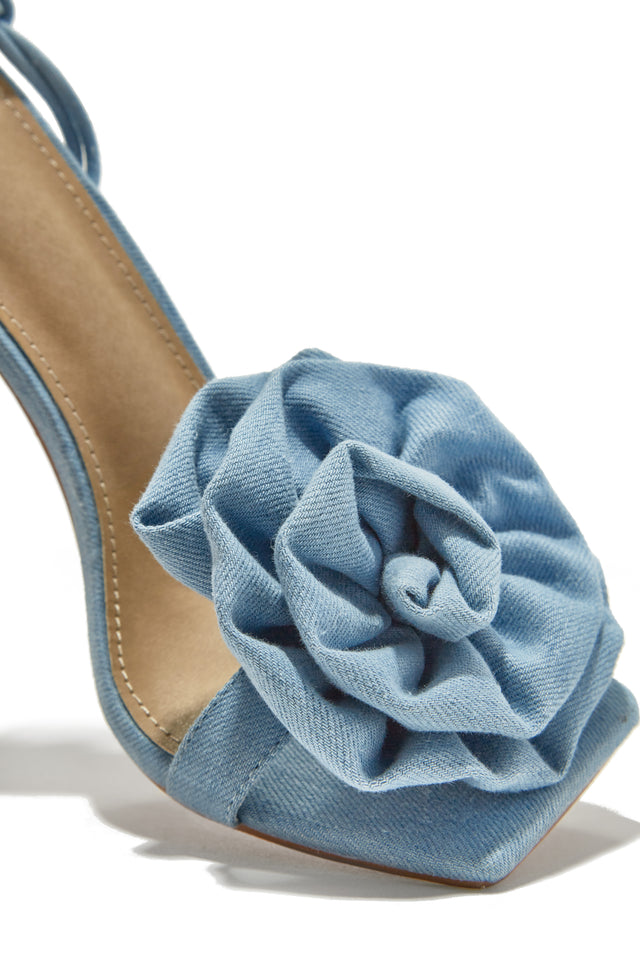Load image into Gallery viewer, Divine Bloom Rosette Lace Up Heels - Denim
