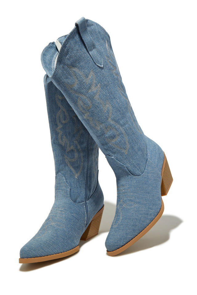 Load image into Gallery viewer, Denim Cowgirl Boots with Stacked Heels