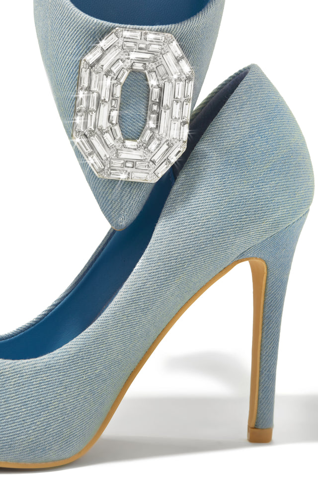 Load image into Gallery viewer, Embellished Pendant Blue Denim High Heel Pumps