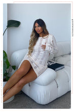 Load image into Gallery viewer, Girl Sitting On Couch Wearing Crochet Mini Dress