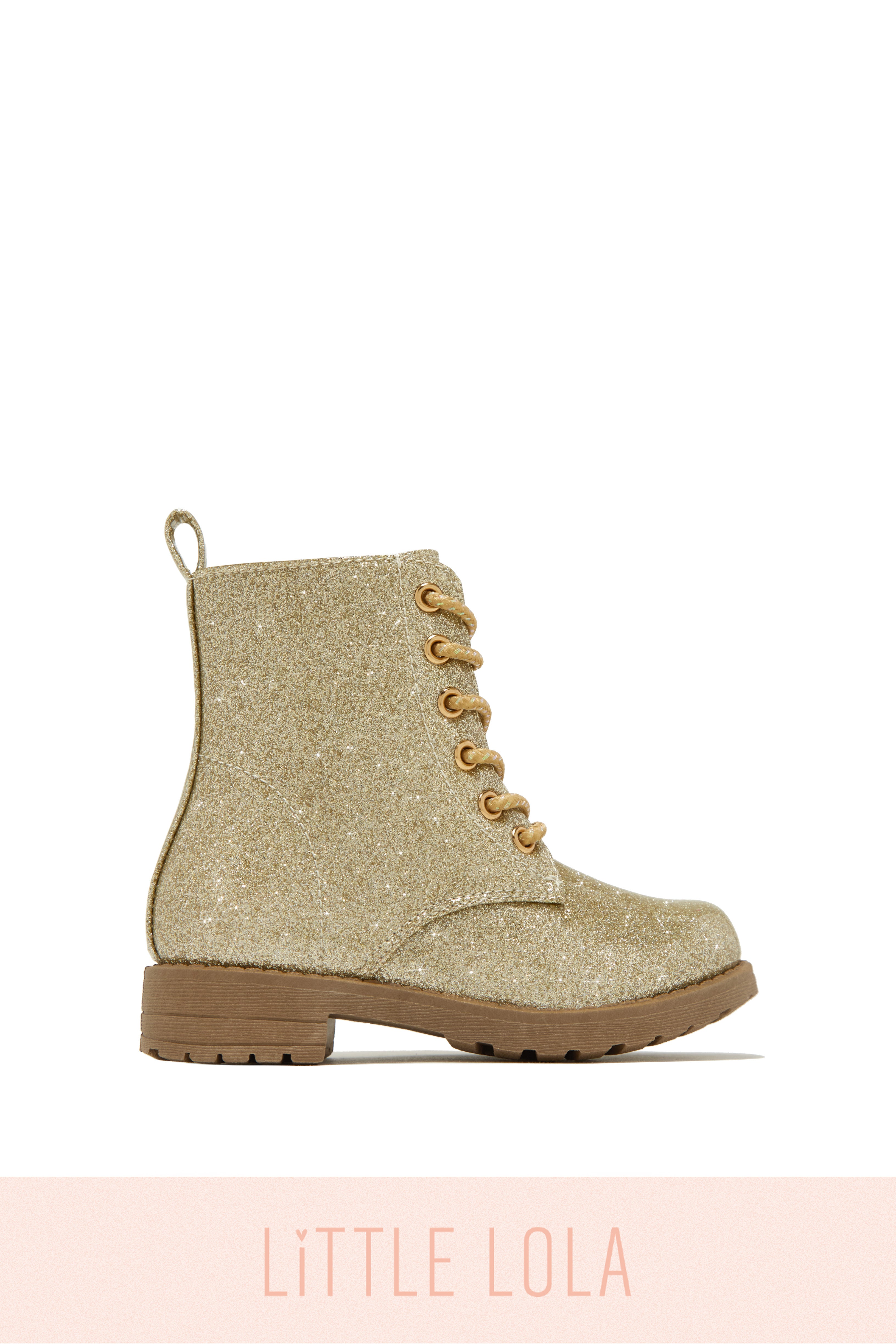 Miss Lola Mini Attitude Gold Kids Glitter Lace Up Combat Boots