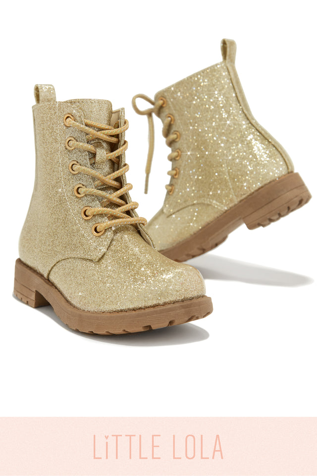 Load image into Gallery viewer, Mini Attitude Kids Glitter Lace Up Combat Boots - Gold
