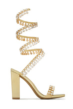 Load image into Gallery viewer, Gold-Tone Single Sole Chunky Heels with Embellished Around The Ankle Coil Strap
