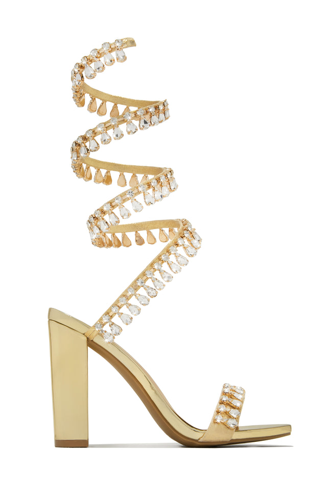 Load image into Gallery viewer, Gold-Tone Single Sole Chunky Heels with Embellished Around The Ankle Coil Strap