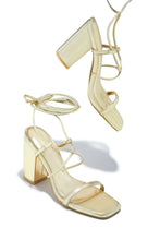 Load image into Gallery viewer, Aria Lace Up Block Heels - Gold