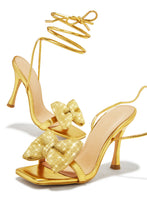 Load image into Gallery viewer, Ciela Lace Up Embellished Bow Heels - Gold