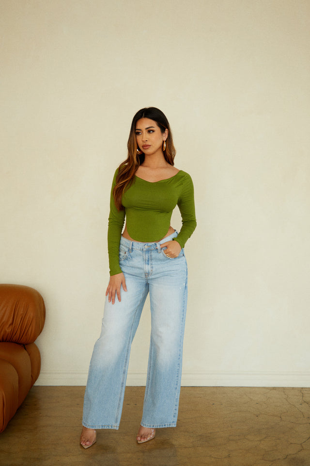 Load image into Gallery viewer, Green Long Sleeve Top with Denim Jeans
