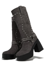 Load image into Gallery viewer, Grey Block Heel Moto Boots
