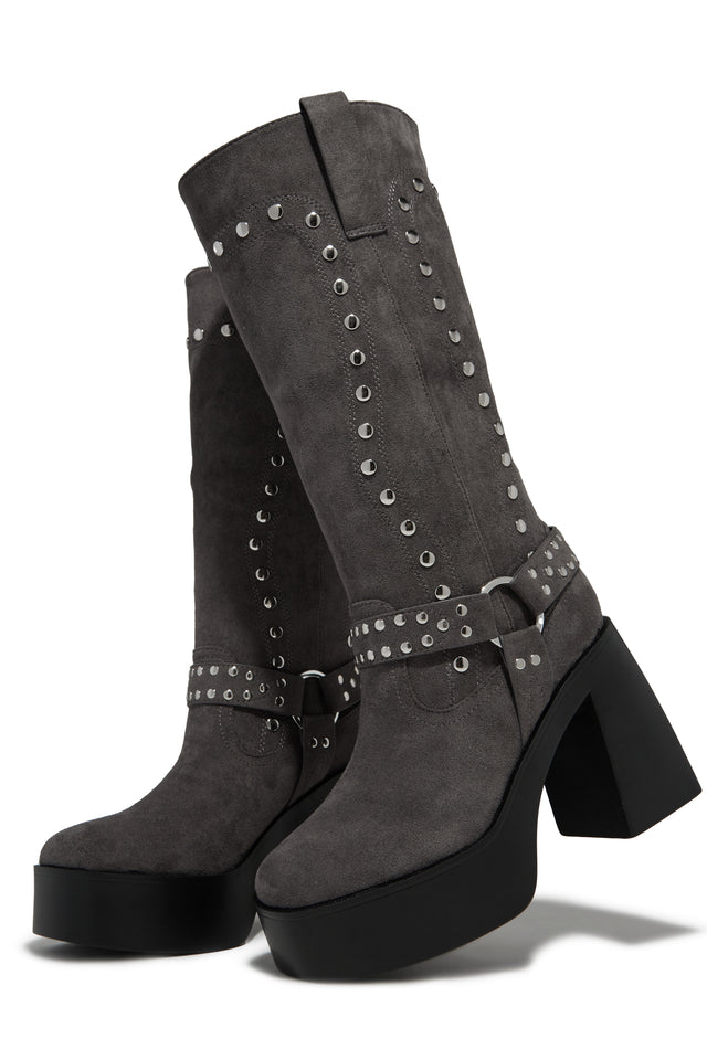 Load image into Gallery viewer, Grey Block Heel Moto Boots