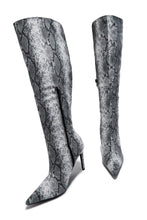 Load image into Gallery viewer, Hailey Knee High Stiletto Boots - Black/White Snake