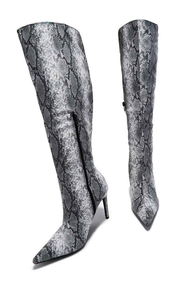 Load image into Gallery viewer, Hailey Knee High Stiletto Boots - Black/White Snake