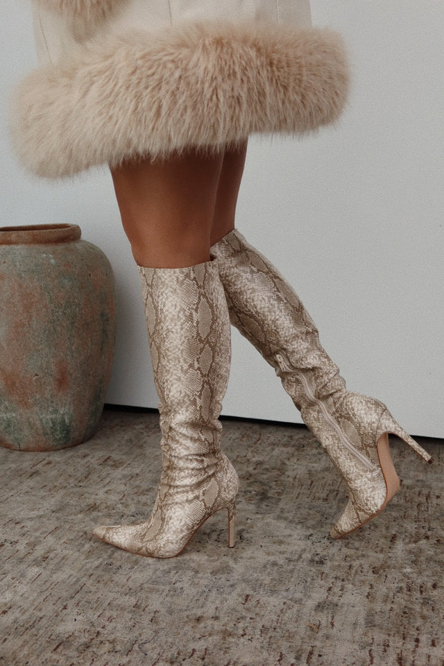 Load image into Gallery viewer, Haleigh Below The Knee Heel Boots - Nude Snake