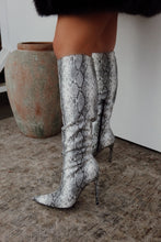 Load image into Gallery viewer, Hailey Knee High Stiletto Boots - Black/White Snake