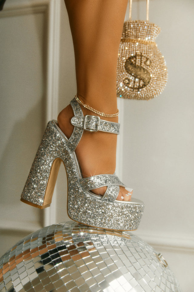 Load image into Gallery viewer, Karelle Glitter Platform Block Heels - Silver