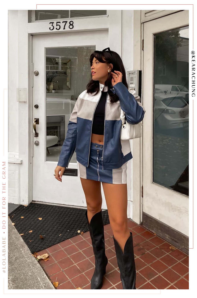 Load image into Gallery viewer, Tyra Color Blocked Moto Mini Skirt - Blue Multi