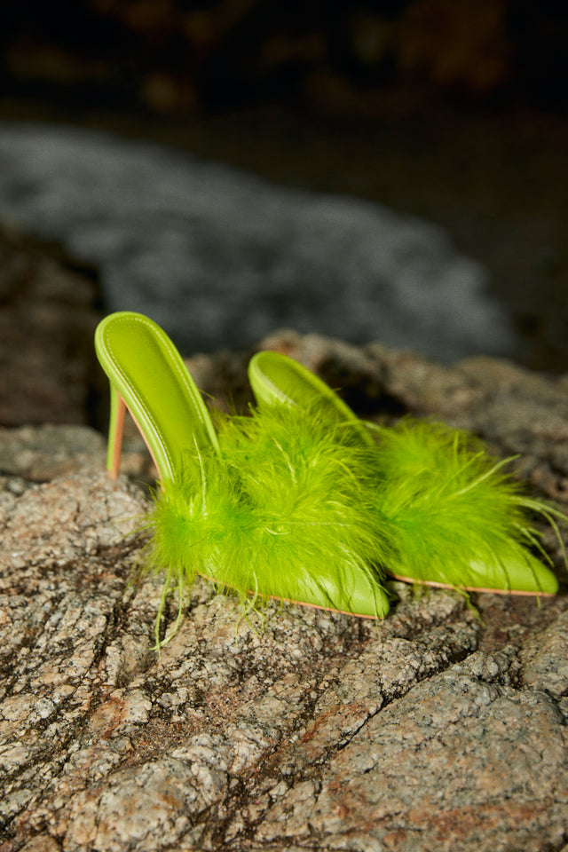 Load image into Gallery viewer, Lorelai Faux Feather Mule Heels - Lime