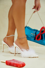 Load image into Gallery viewer, Lorelai Faux Feather Mule Heels - White
