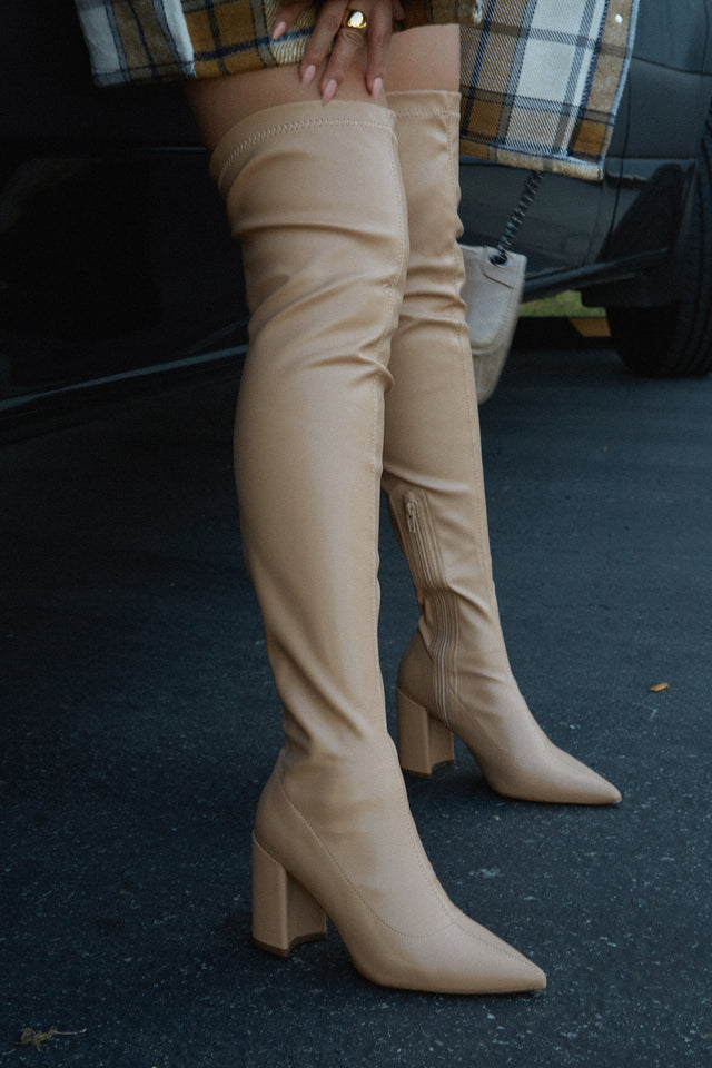 Load image into Gallery viewer, Make A Statement Block Heel Over The Knee Boots - Nude
