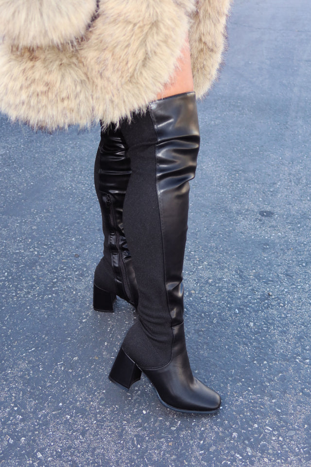 Load image into Gallery viewer, Mandy Block Heel Over The Knee Boots - Black PU