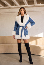 Load image into Gallery viewer, Mia Denim Faux Fur Trim Belted Coat – Blue