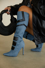 Load image into Gallery viewer, Midnight Sky Moto Style Knee High Heel Boots - Denim