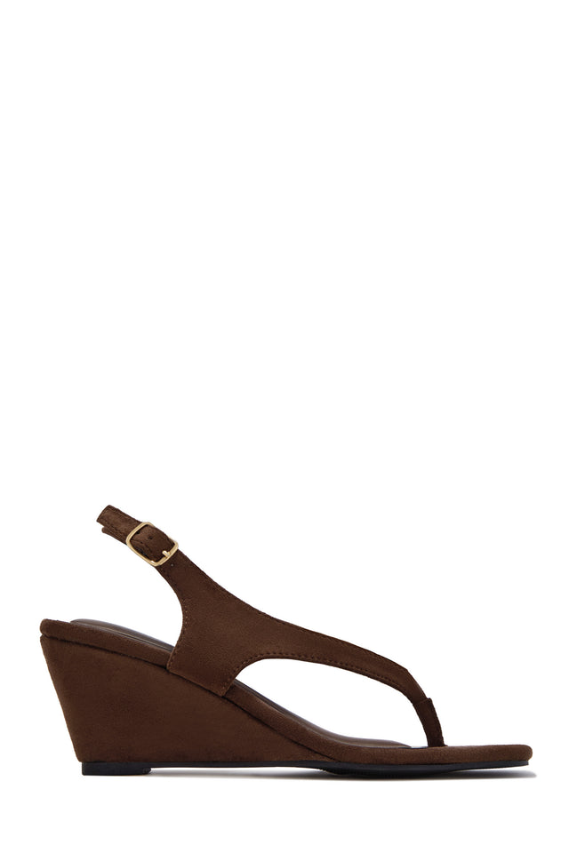 Load image into Gallery viewer, Shelly Thong Slingback Mid Heel Wedges - Brown Suede