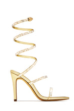 Load image into Gallery viewer, Amira Rhinestone Wraparound Strappy Heels - Gold
