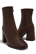 Load image into Gallery viewer, Lucia Square Toe Block Heel Ankle Boots – Brown