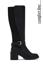 Load image into Gallery viewer, Megan Buckle Knee High Block Heel Boots – Black