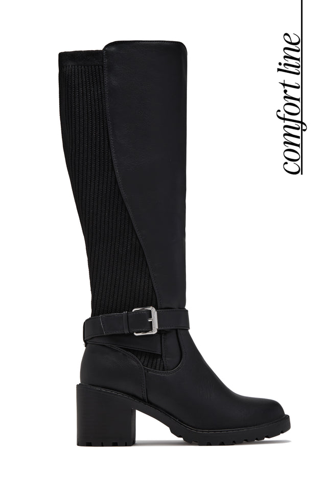 Load image into Gallery viewer, Megan Buckle Knee High Block Heel Boots – Black