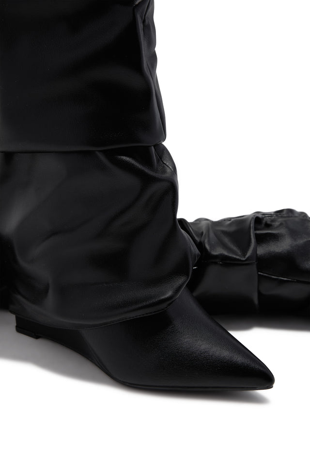 Load image into Gallery viewer, Kourtney Ruched Wedge Knee High Boots – Black