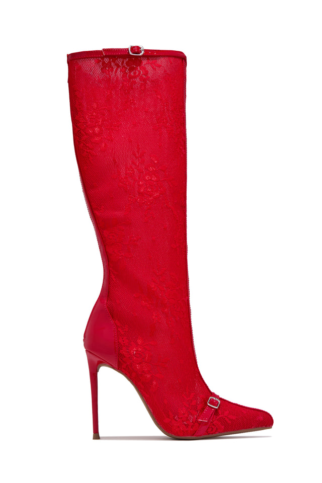 Load image into Gallery viewer, Vixen Lace Knee High Stiletto Boots – Red