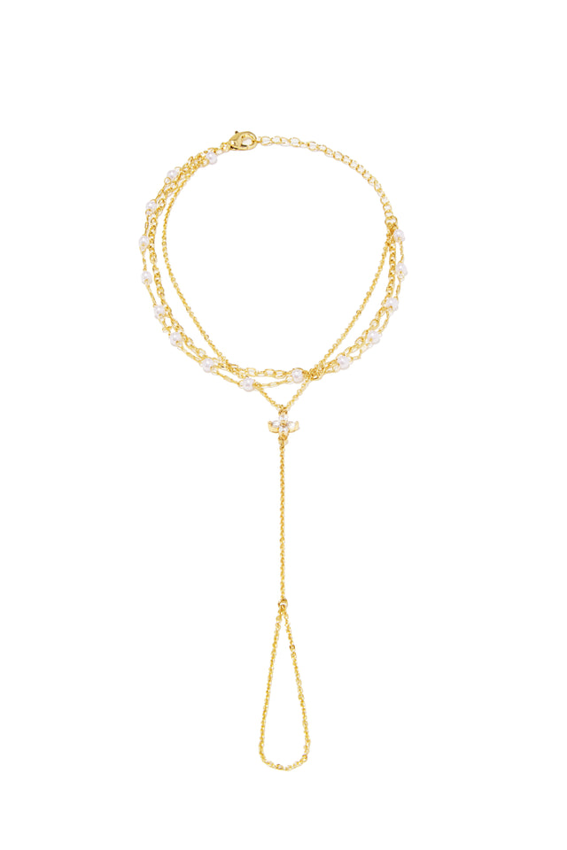 Load image into Gallery viewer, Dahlia Pearl Hand Chain Bracelet – Gold