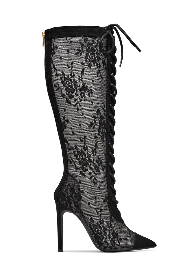 Load image into Gallery viewer, Gabriela Floral Lace Knee High Boots – Black