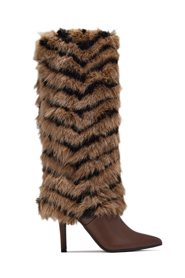 Load image into Gallery viewer, Foxy Faux Fur Knee High Boots – Brown