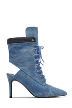 Load image into Gallery viewer, Remy Lace Up Pointed Toe Heel Booties – Denim