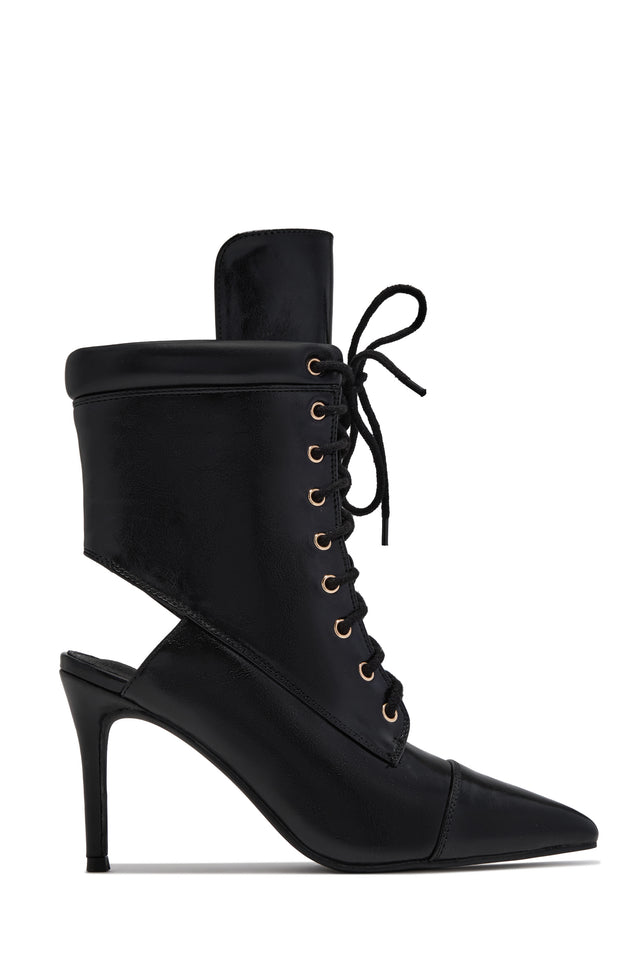 Load image into Gallery viewer, Remy Lace Up Pointed Toe Heel Booties – Black