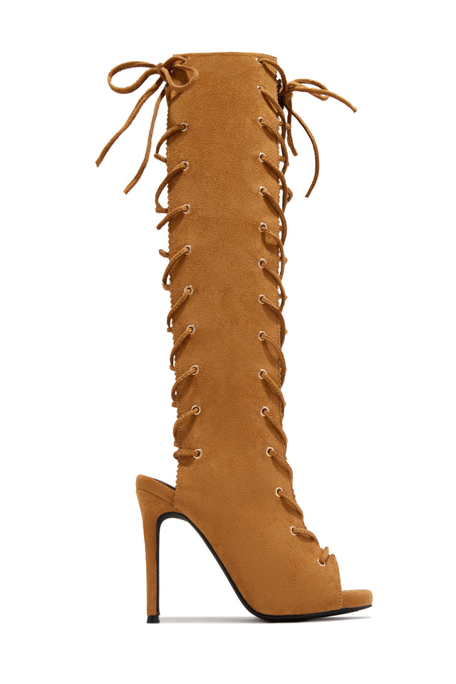 Load image into Gallery viewer, Bossy Lace Up Open Toe Knee High Boots – Tan