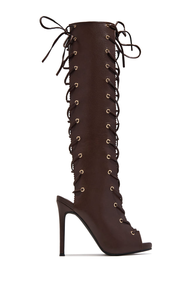 Load image into Gallery viewer, Bossy Lace Up Open Toe Knee High Boots – Brown
