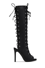 Load image into Gallery viewer, Bossy Lace Up Open Toe Knee High Boots – Black